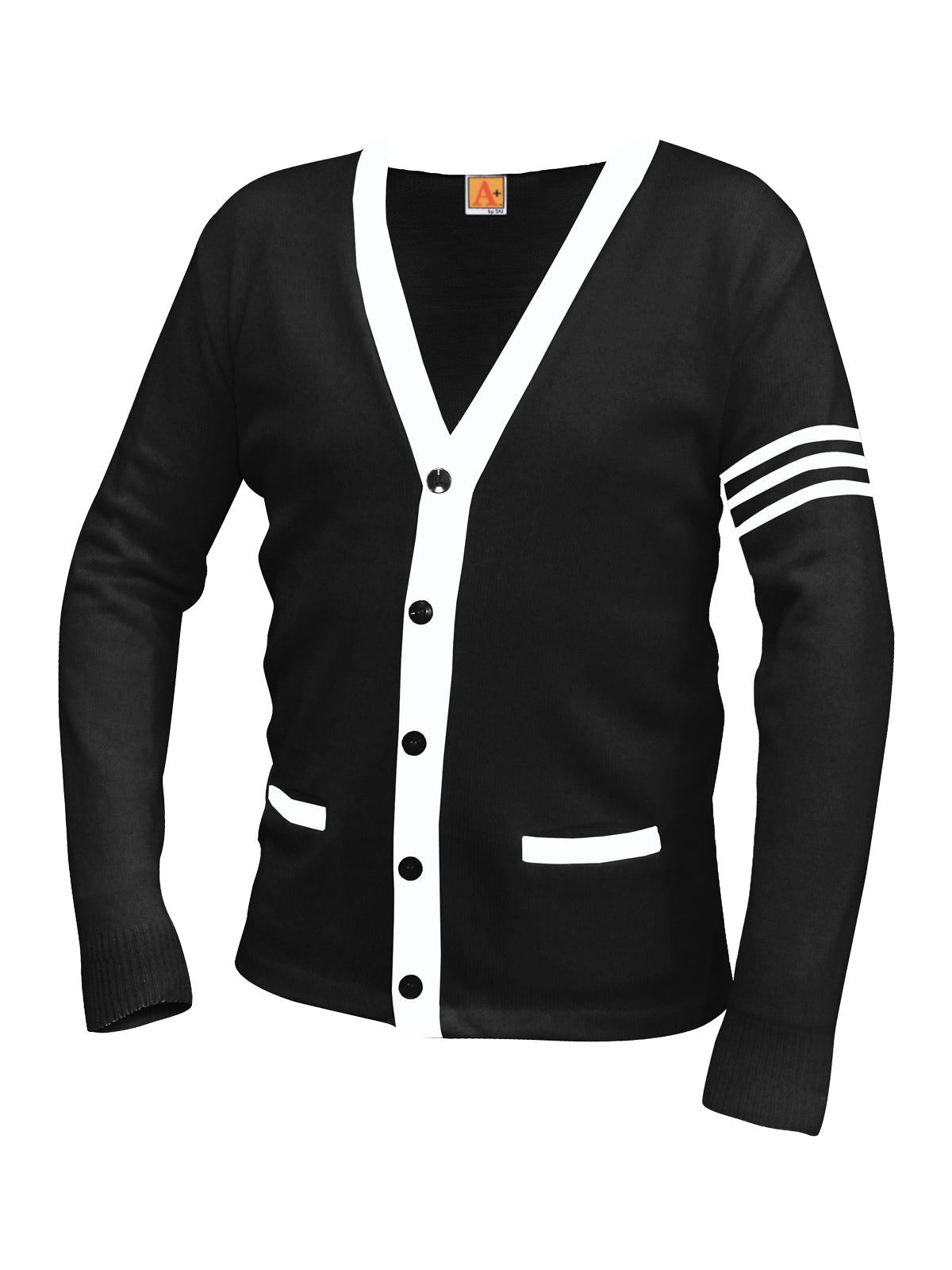 Unisex Two-Pocket Varsity 5-Button Contrast Cardigan Sweatshirt - 6340 - Black with White Stripe