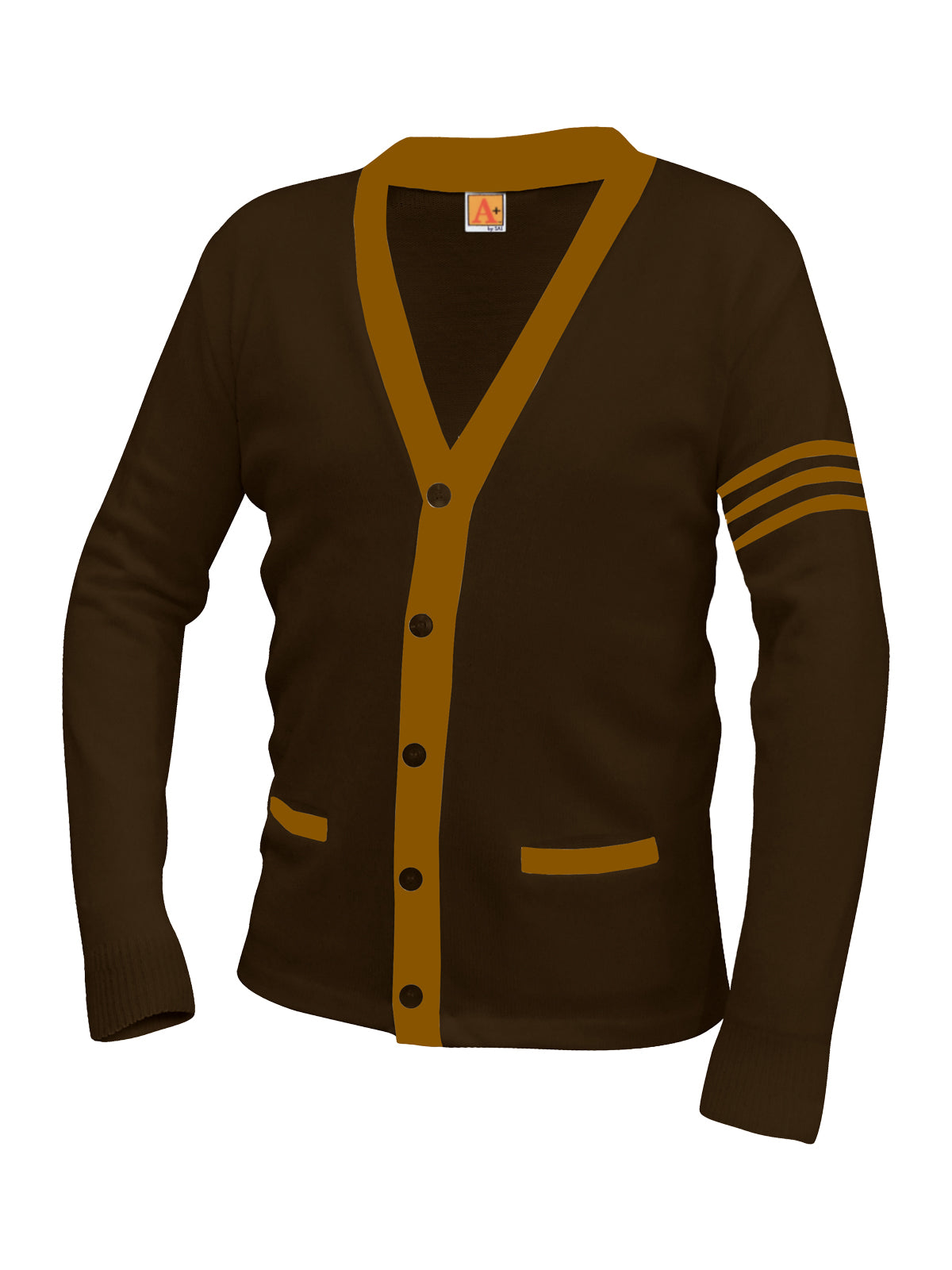 Unisex Two-Pocket Varsity 5-Button Contrast Cardigan Sweatshirt - 6340 - Brown with Old Gold Stripe
