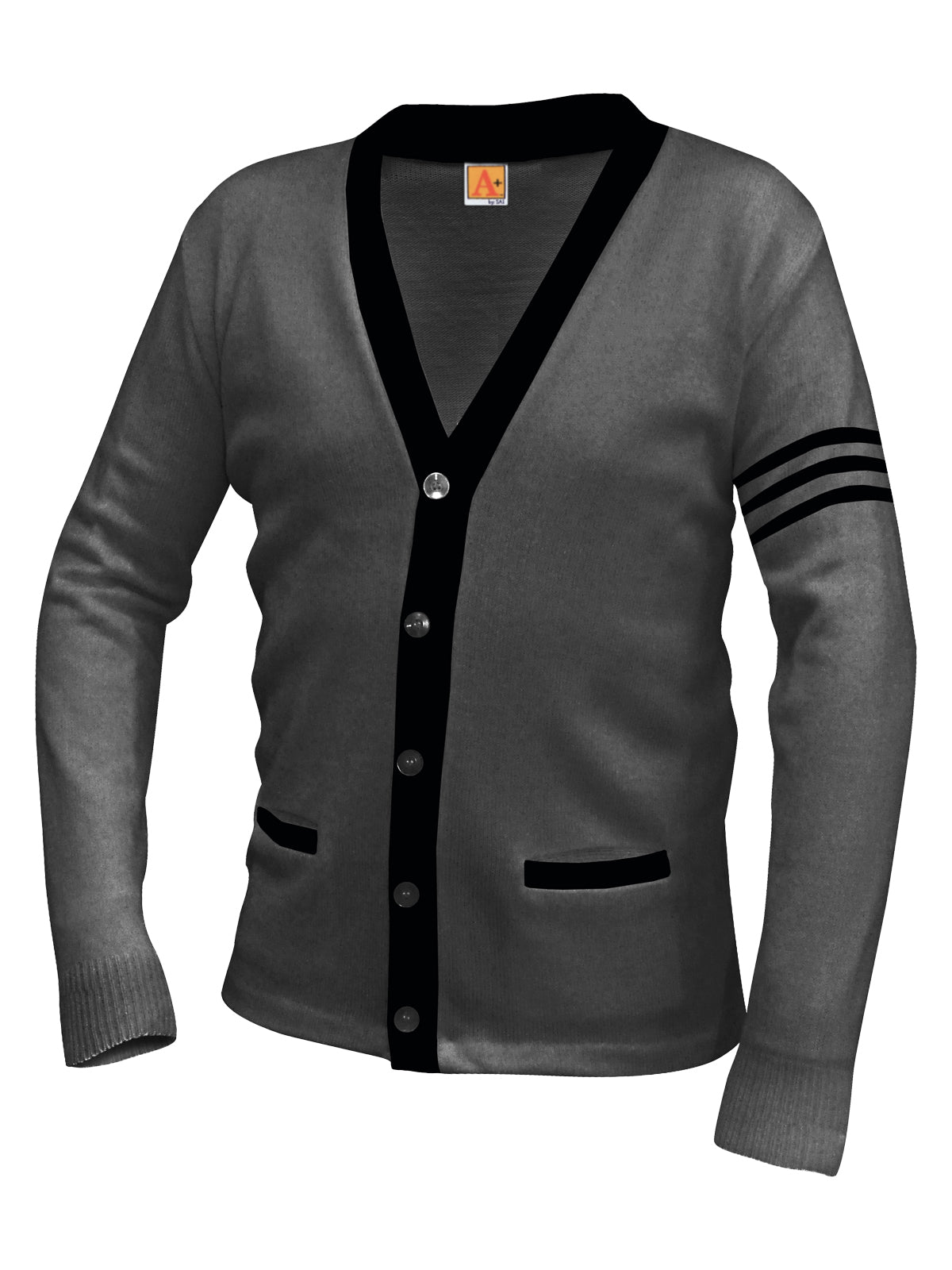 Unisex Two-Pocket Varsity 5-Button Contrast Cardigan Sweatshirt - 6340 - Charcoal Heather with Black Stripe