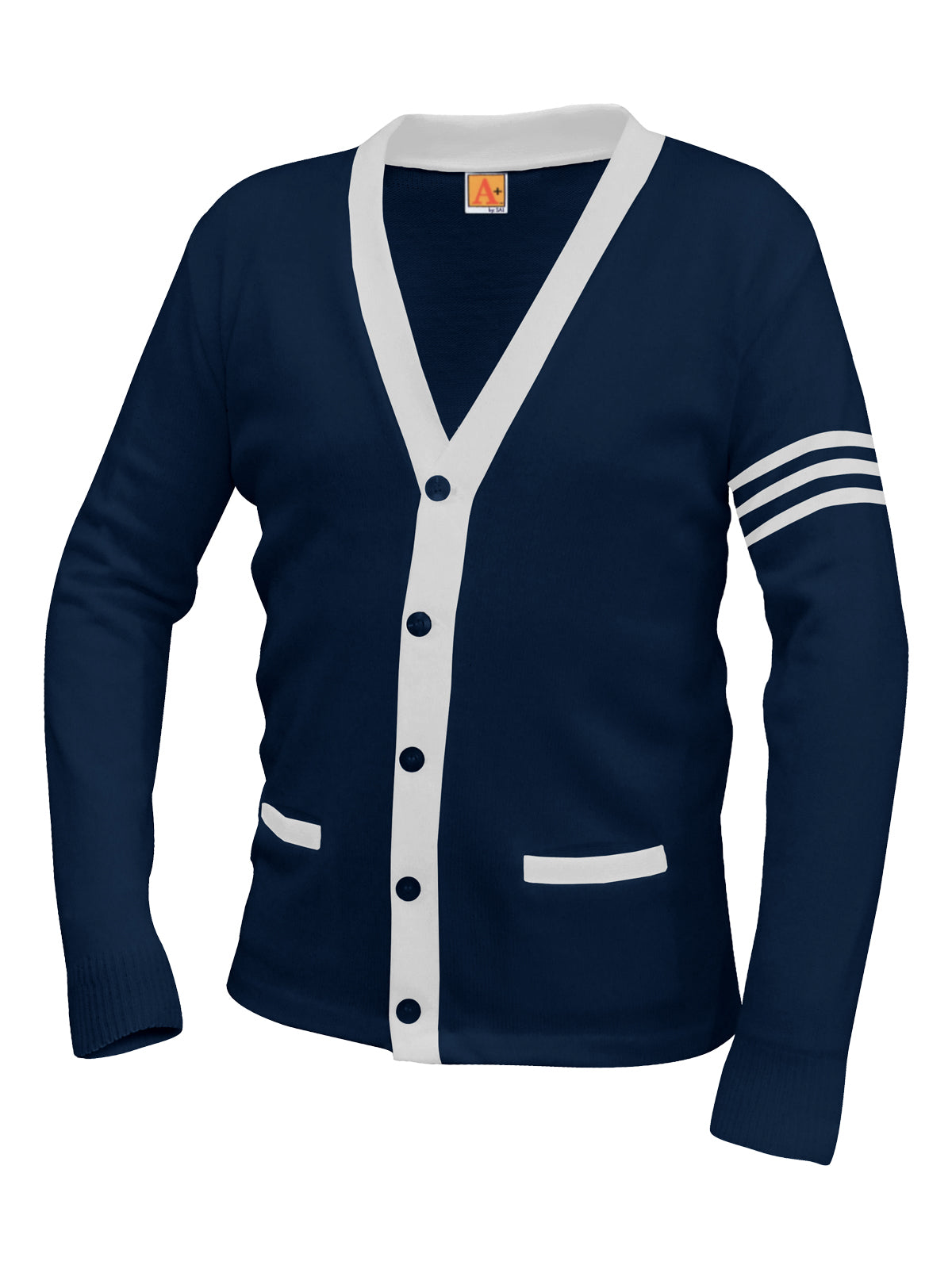 Unisex Two-Pocket Varsity 5-Button Contrast Cardigan Sweatshirt - 6340 - Navy with White Stripe