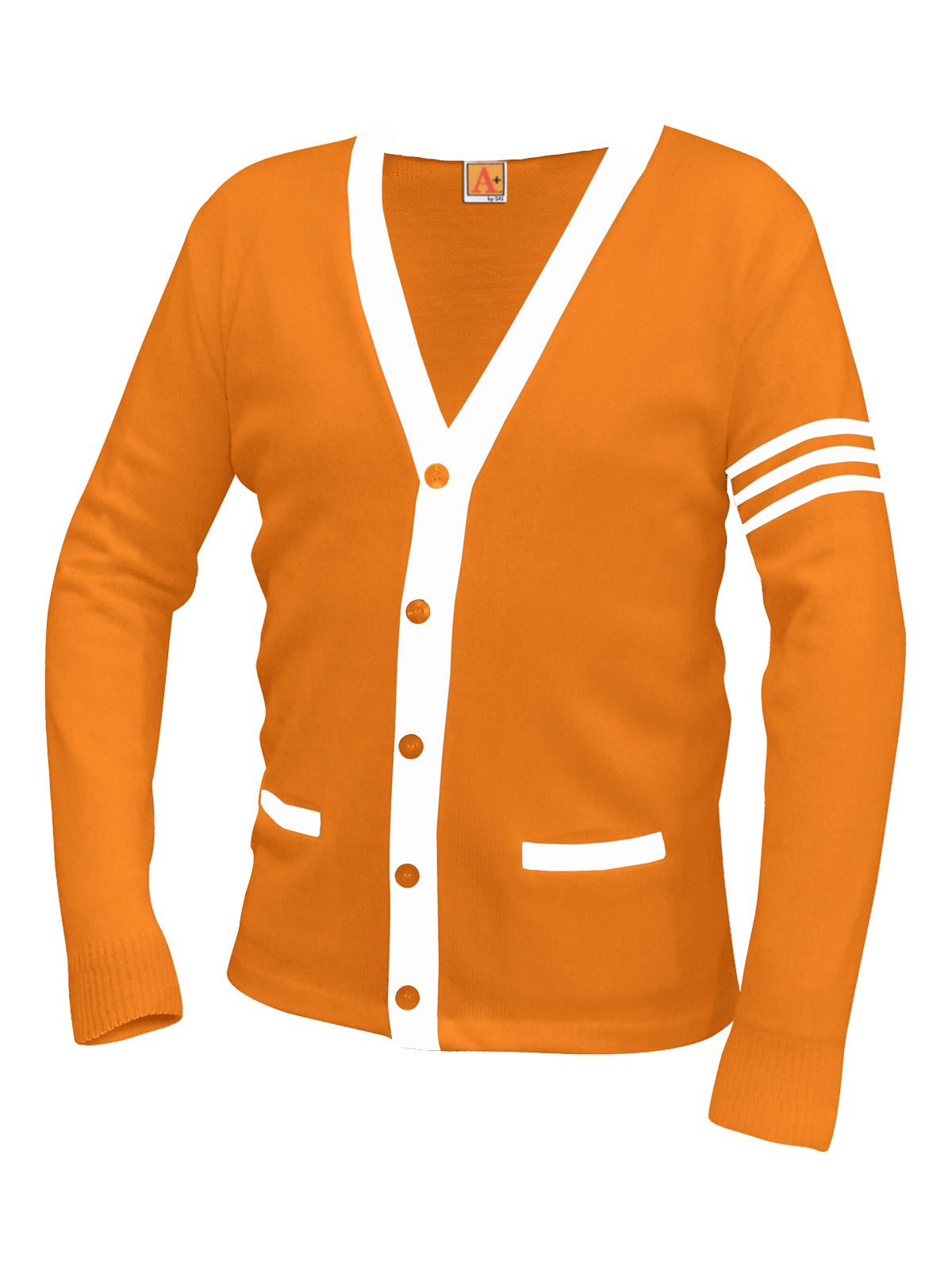 Unisex Two-Pocket Varsity 5-Button Contrast Cardigan Sweatshirt - 6340 - Orange with White Stripe