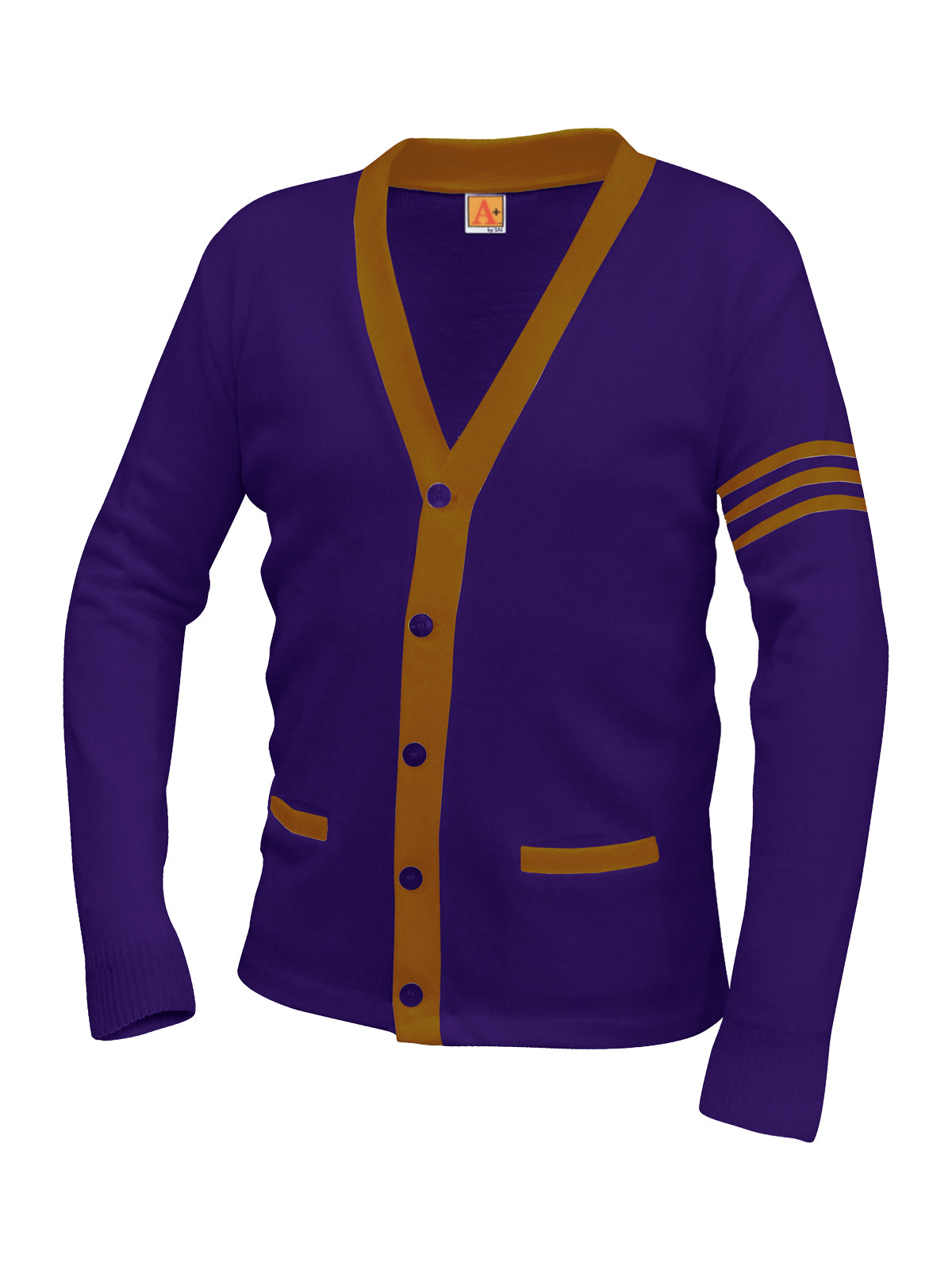 Unisex Two-Pocket Varsity 5-Button Contrast Cardigan Sweatshirt - 6340 - Purple with Old Gold Stripe