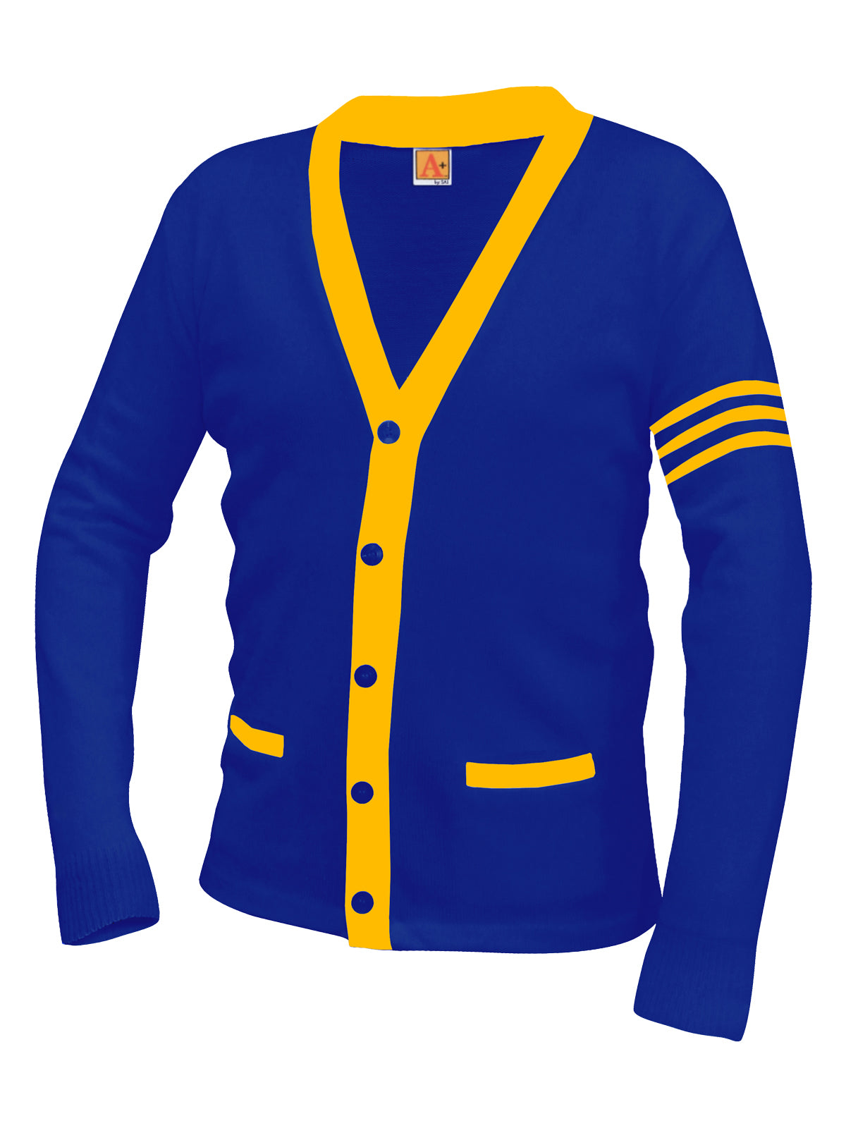 Unisex Two-Pocket Varsity 5-Button Contrast Cardigan Sweatshirt - 6340 - Reflex Blue with Superior Gold Stripe
