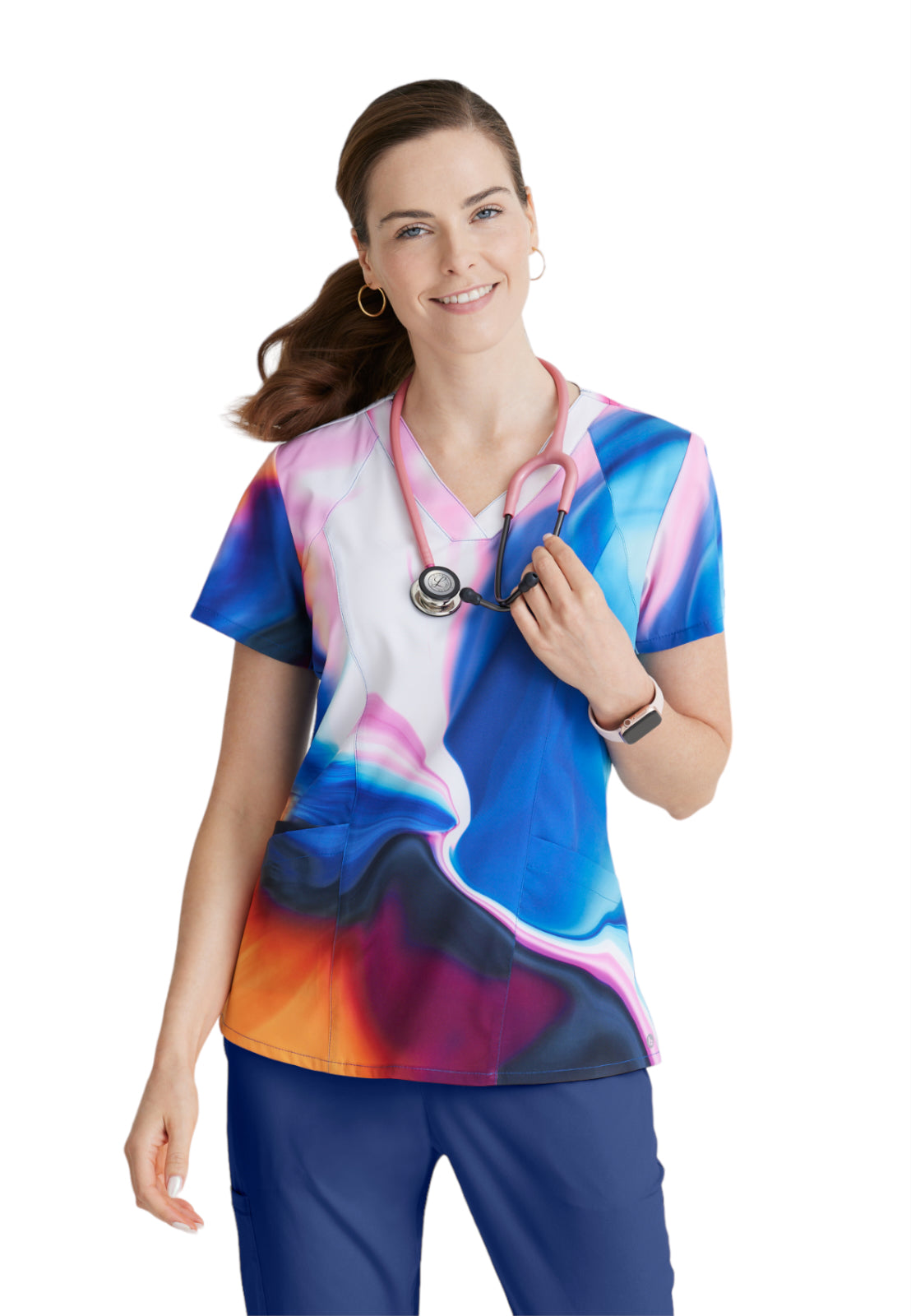 Women's Four-Pocket V-Neck Thrive Print Scrub Top - 5107 - Shimmering Skies