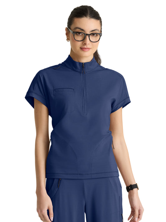 Women's Three-Pocket Crystal Mock Neck Top - GRST319 - Indigo