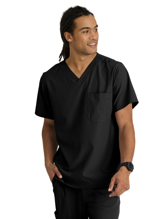 Men's One-Pocket V-Neck Structure Scrub Top - SK0112 - Black