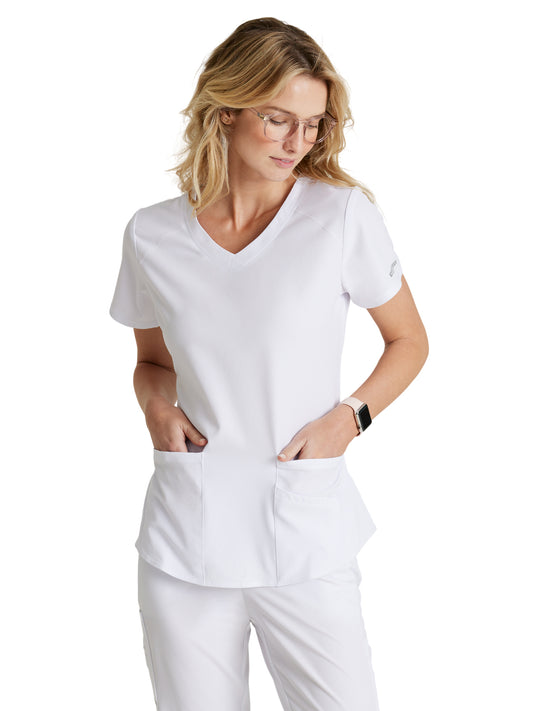 Women's Three-Pocket Curved V-Neck Breeze Scrub Top - SK101 - White