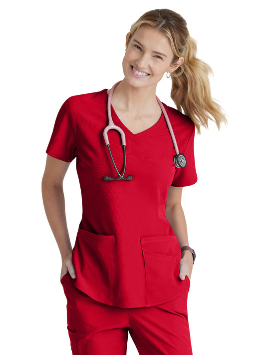 Women's Three-Pocket Curved V-Neck Breeze Scrub Top - SK101 - True Red