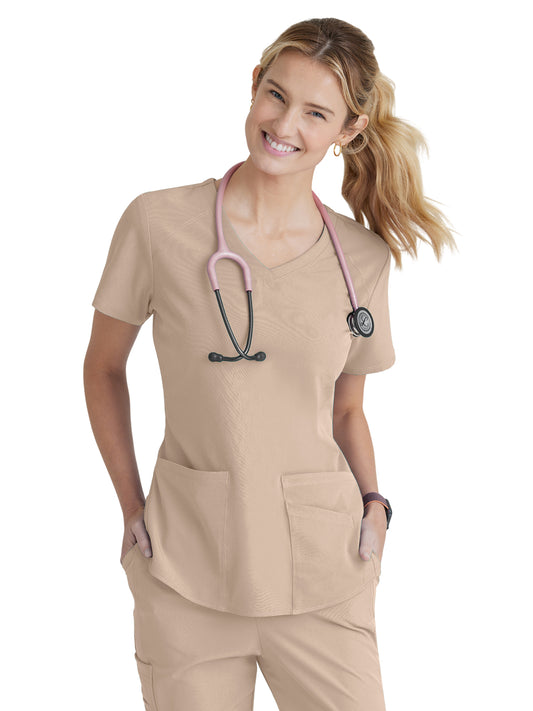 Women's Three-Pocket Curved V-Neck Breeze Scrub Top - SK101 - New Khaki