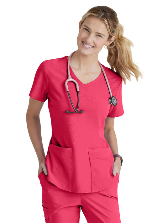 Women's Three-Pocket Curved V-Neck Breeze Scrub Top - SK101 - Vibrance Pink