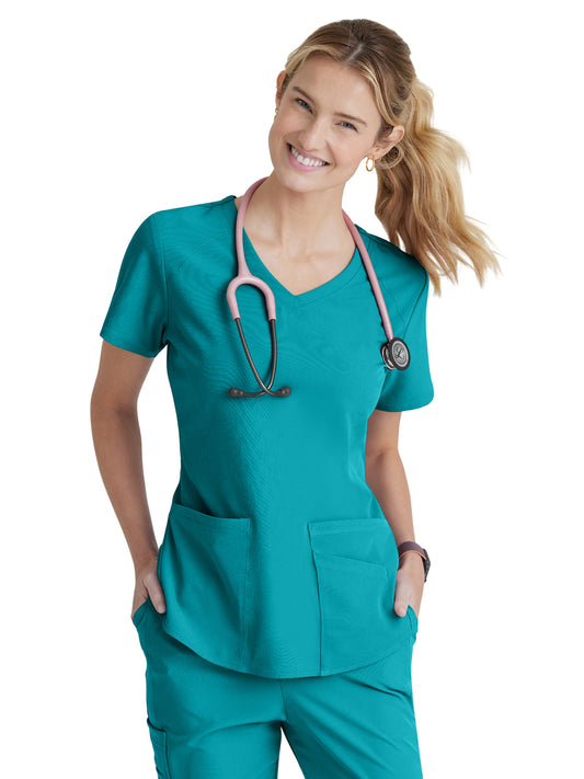 Women's Three-Pocket Curved V-Neck Breeze Scrub Top - SK101 - Teal