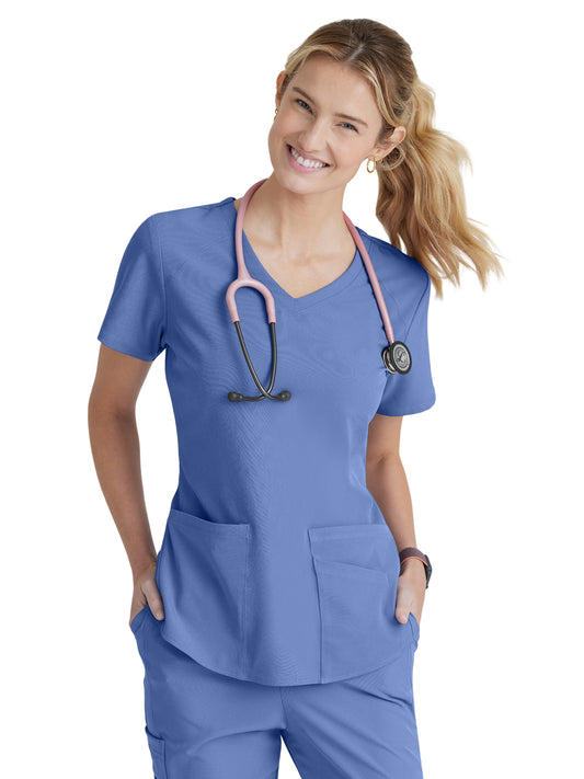 Women's Three-Pocket Curved V-Neck Breeze Scrub Top - SK101 - Ciel Blue