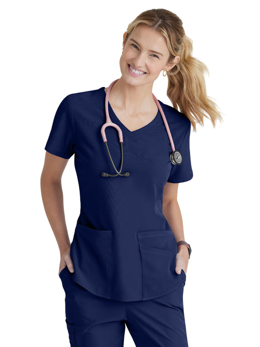 Women's Three-Pocket Curved V-Neck Breeze Scrub Top - SK101 - Navy