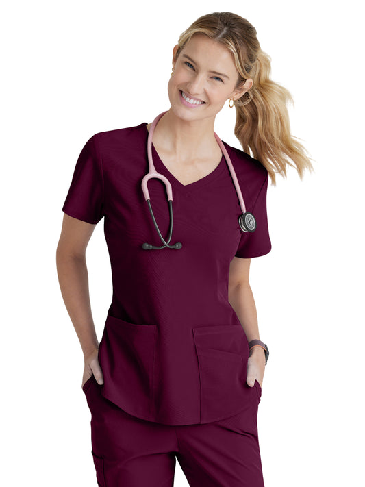 Women's Three-Pocket Curved V-Neck Breeze Scrub Top - SK101 - Wine