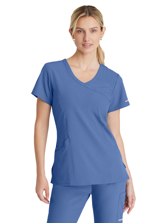 Women's Three-Pocket Crossover V-Neck Reliance Scrub Top - SK102 - Ciel Blue