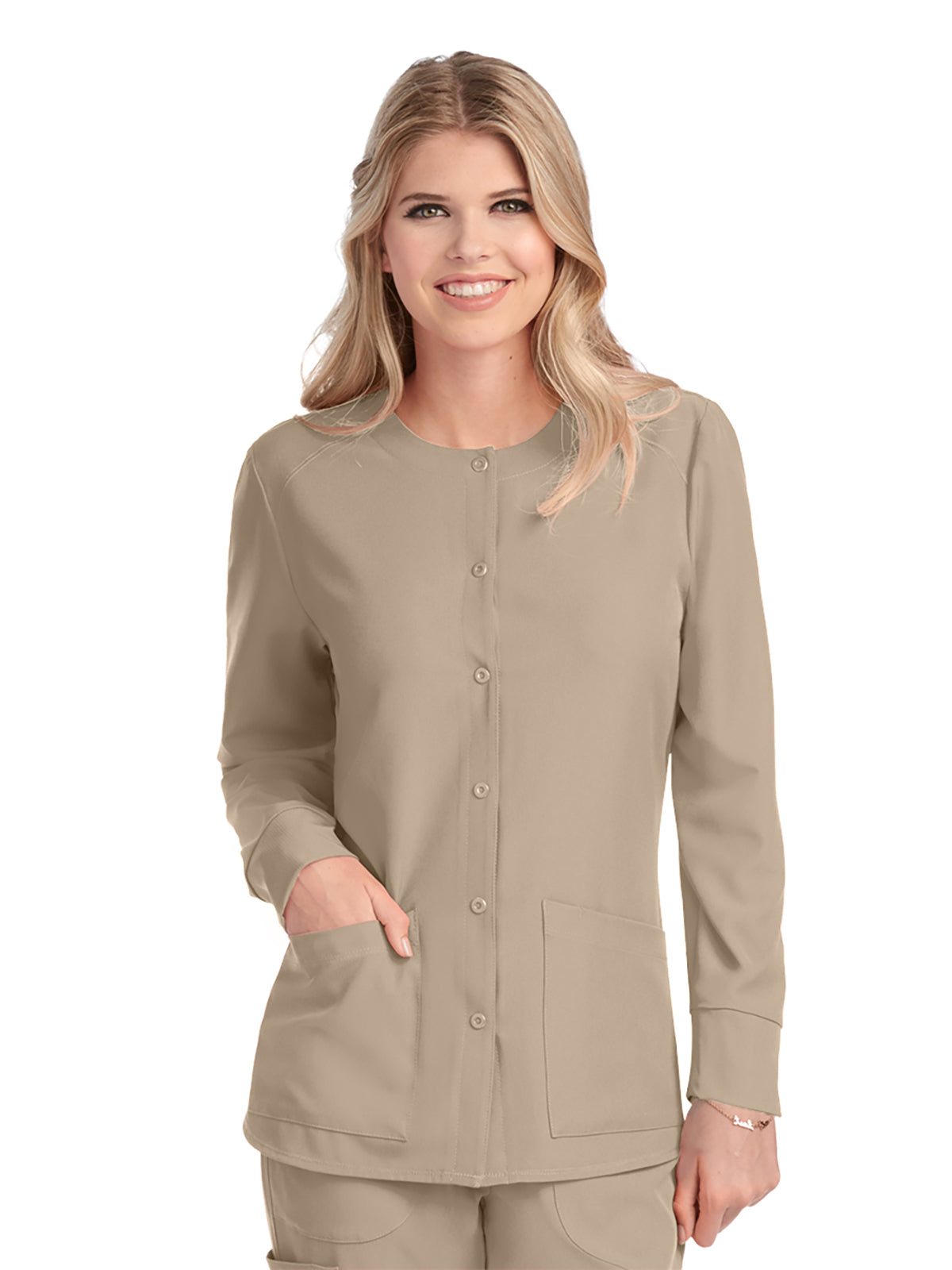 Women's Two-Pocket Snap-Front Stability Warm-Up Scrub Jacket - SK401 - New Khaki