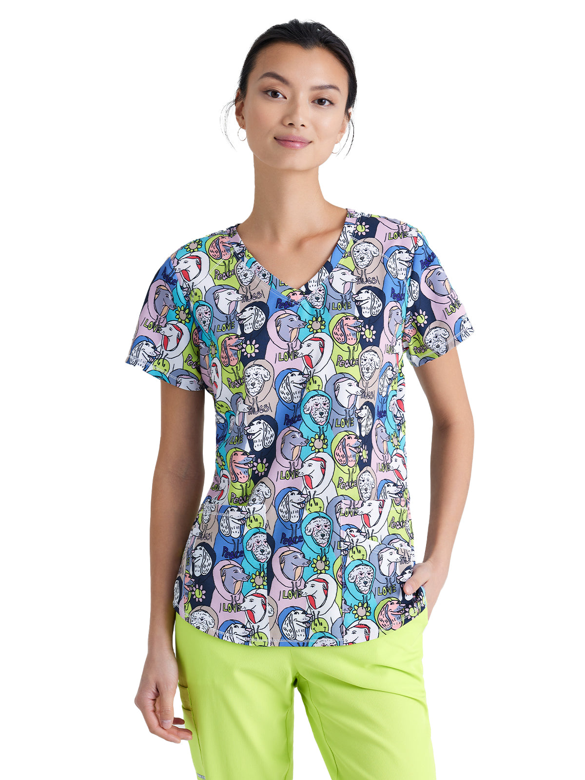 Women's Three-Pocket V-Neck Reliance Print Scrub Top - SKT021 - Dogs In The Hood