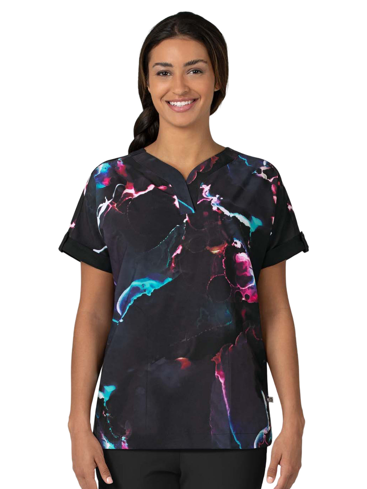 Women's 2-Pocket Oversized Print Scrub Top - 6167 - Black Ink Drop