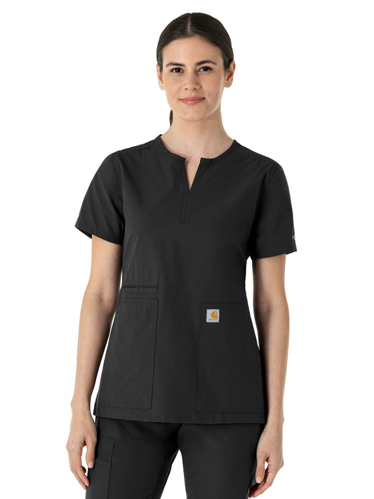Women's Three-Pocket Modern Fit Notch Neck Top - C12213 - Black