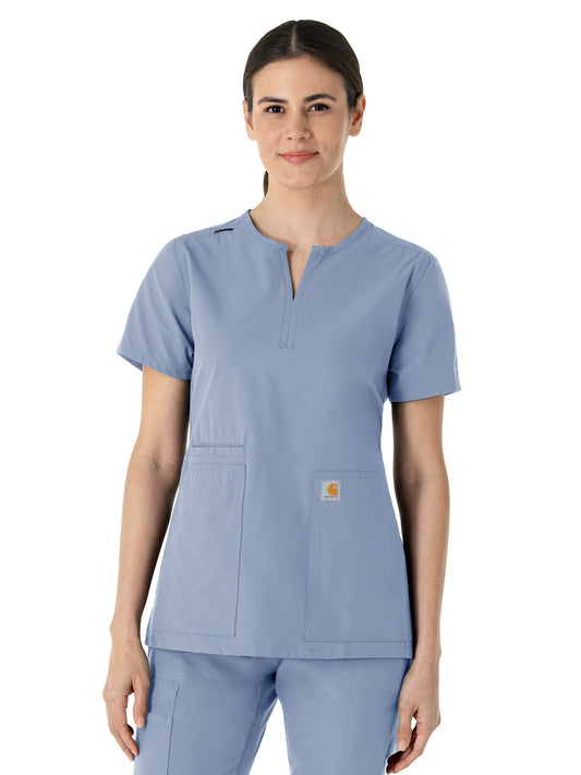 Women's Three-Pocket Modern Fit Notch Neck Top - C12213 - Ceil Blue