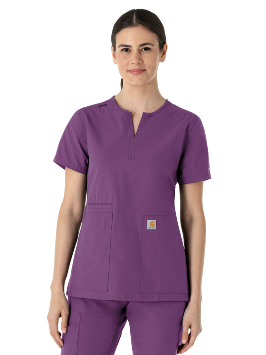 Women's Three-Pocket Modern Fit Notch Neck Top - C12213 - Eggplant