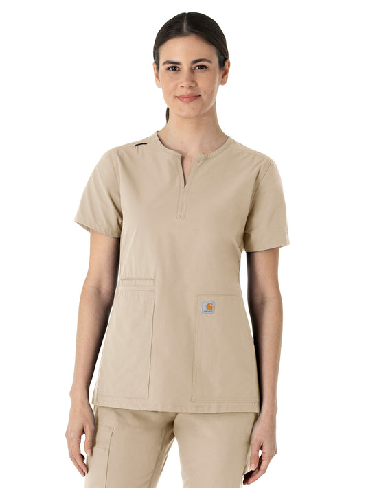 Women's Three-Pocket Modern Fit Notch Neck Top - C12213 - Khaki