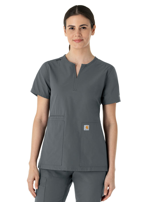Women's Three-Pocket Modern Fit Notch Neck Top - C12213 - Pewter