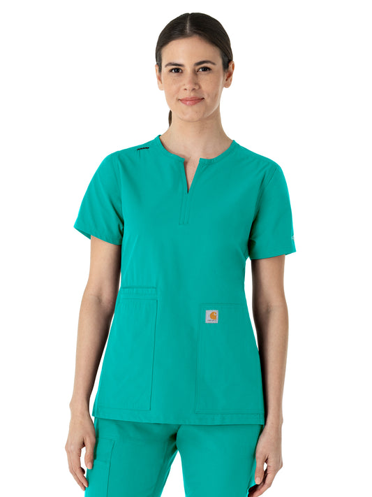 Women's Three-Pocket Modern Fit Notch Neck Top - C12213 - Teal Blue