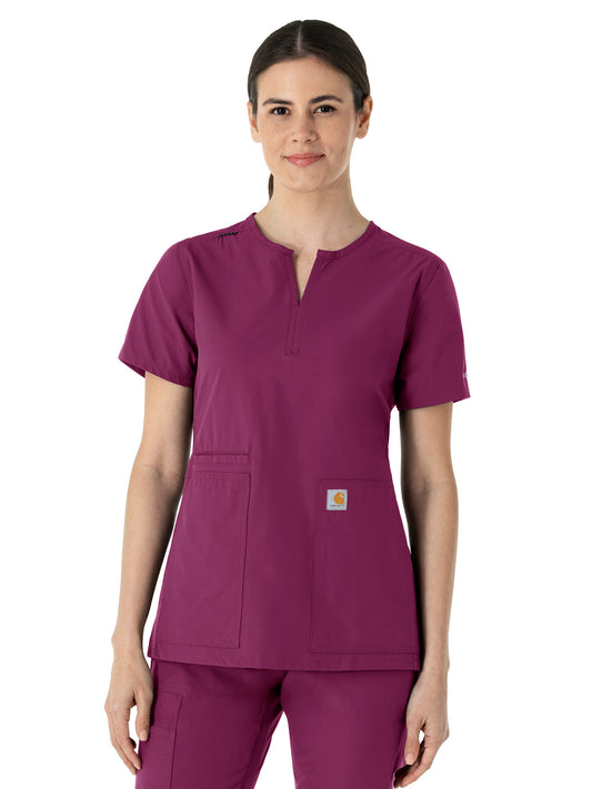 Women's Three-Pocket Modern Fit Notch Neck Top - C12213 - Wine