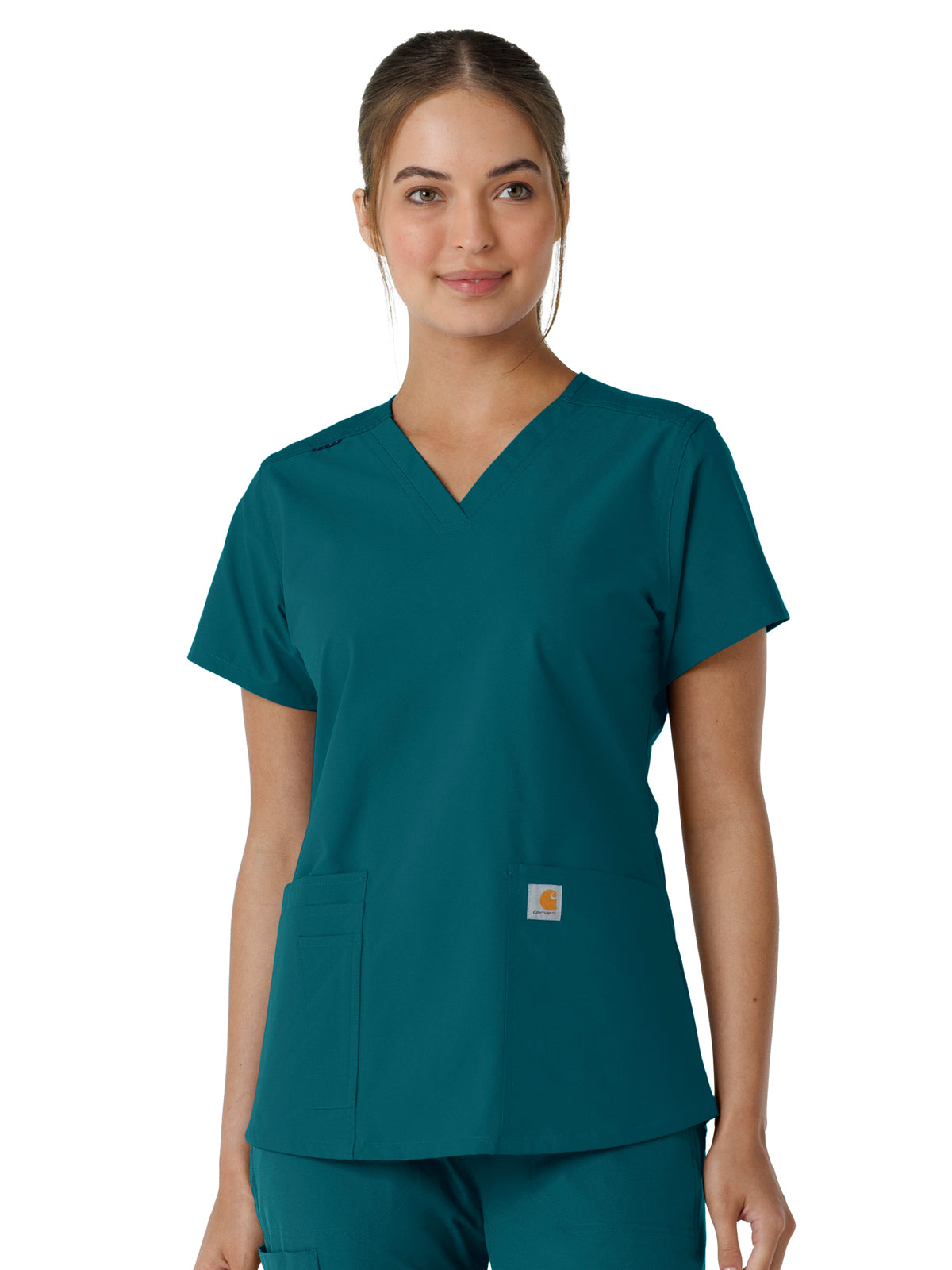 Women's Four-Pocket V-Neck Knit Panel Top - C12313 - Caribbean