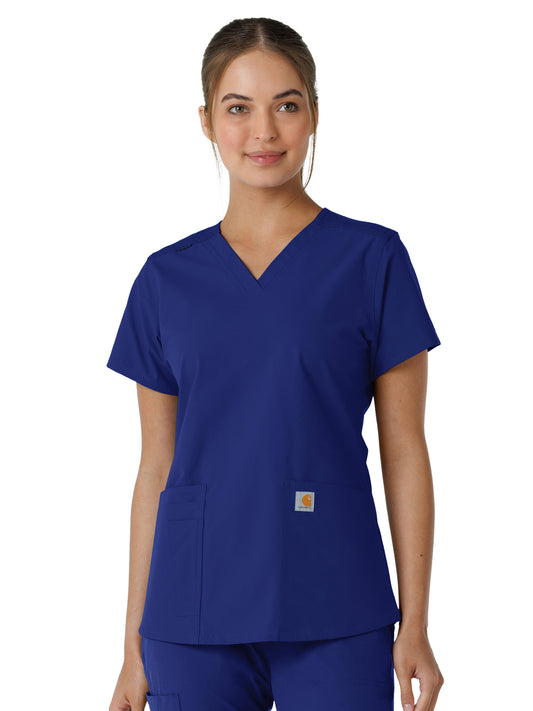 Women's Four-Pocket V-Neck Knit Panel Top - C12313 - Galaxy Blue