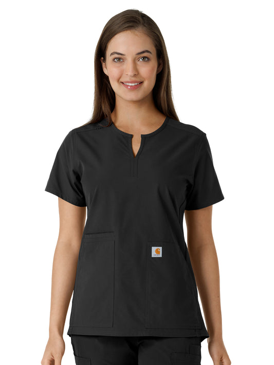 Women's Notch Neck Tunic Knit Panel Top - C12413 - Black