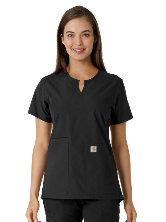 Women's Notch Neck Tunic Knit Panel Top - C12413 - Black
