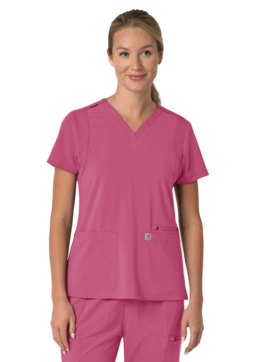 Women's Three-Pocket Flex Panel V-Neck Top - C13210 - Electric Fuschia
