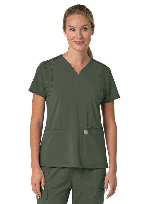 Women's Three-Pocket Flex Panel V-Neck Top - C13210 - Olive