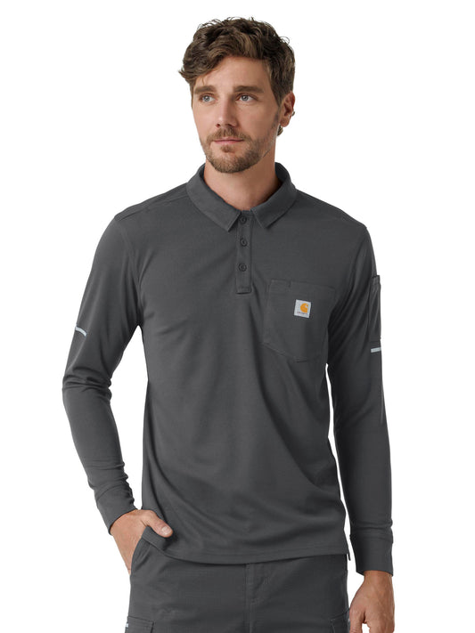 Men's Three-Pocket Heavyweight Long Sleeve Polo Scrub Top - C16129 - Pewter