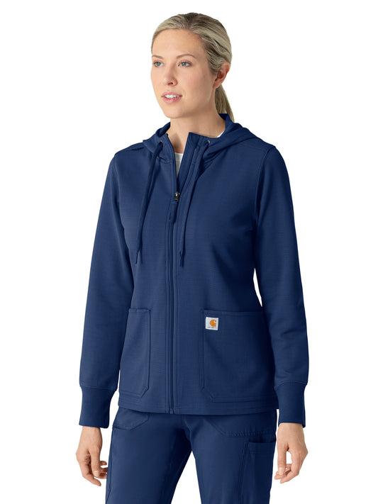 Women's Three-Pocket Full Zip Waffle Hoodie - C82008 - Navy