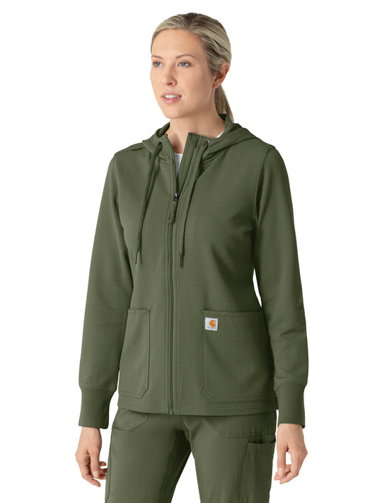 Women's Three-Pocket Full Zip Waffle Hoodie - C82008 - Olive