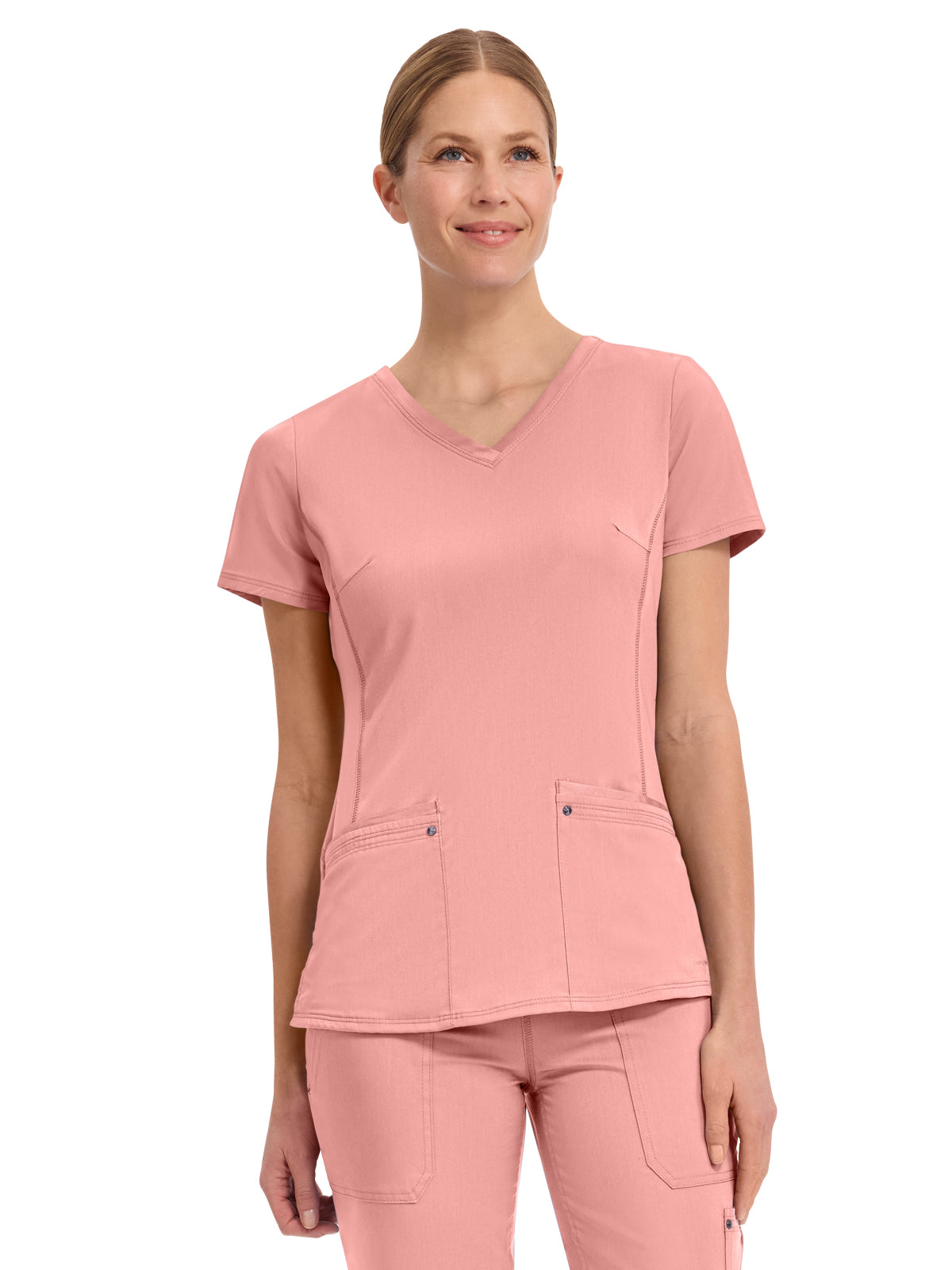 Women's 2-Pocket Juliet Stylish V-Neck Top - 2245 - Blushing Peach