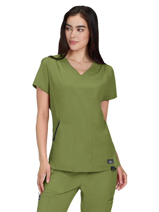 Women's Ribbed 4-Pocket V-Neck Sari Top - 1129 - Martini Olive