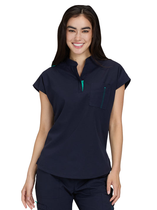 Women's Zipper Neck Combo Chest Pocket Catrin Top - 1131 - Navy