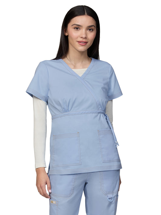 Women's 2-Pocket Adjustable Front-Tie Mock-Wrap Katelyn Top - 137 - Glass Blue