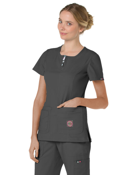 Women's Four-Pocket Zipper Neck Serenity Top - 317 - Charcoal