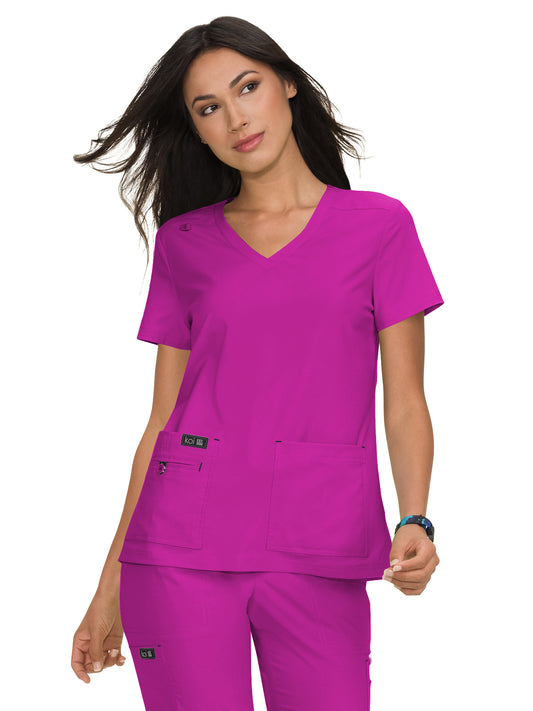 Women's Four-Pocket Stretch V-Neck Becca Top - 373 - Azalea Pink
