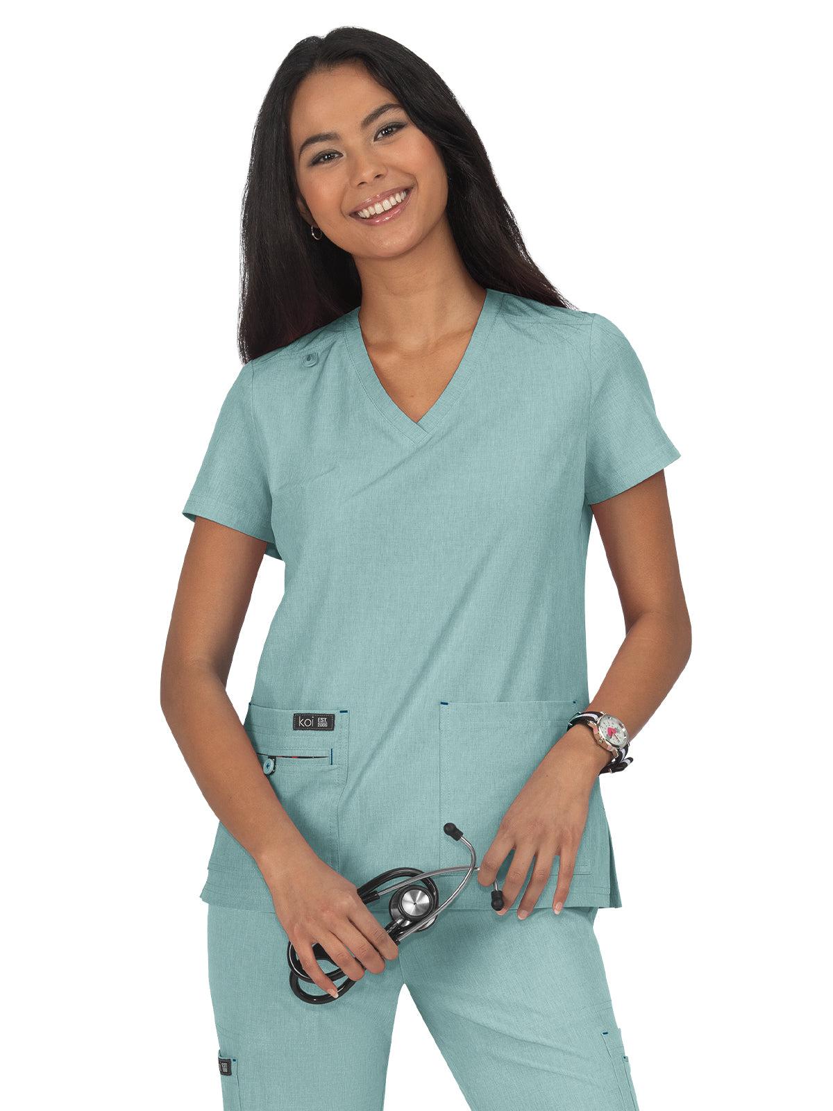 Women's Four-Pocket Stretch V-Neck Becca Top - 373 - Heather Sage