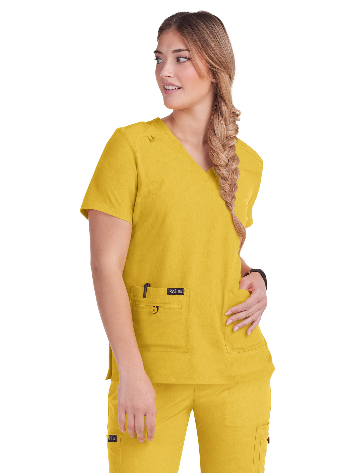 Women's Four-Pocket Stretch V-Neck Becca Top - 373 - Heather Mango
