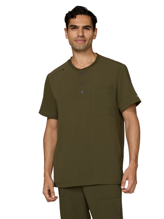 Men's Three-Pocket Henley Neck Scrub Top - 676 - Olive Green