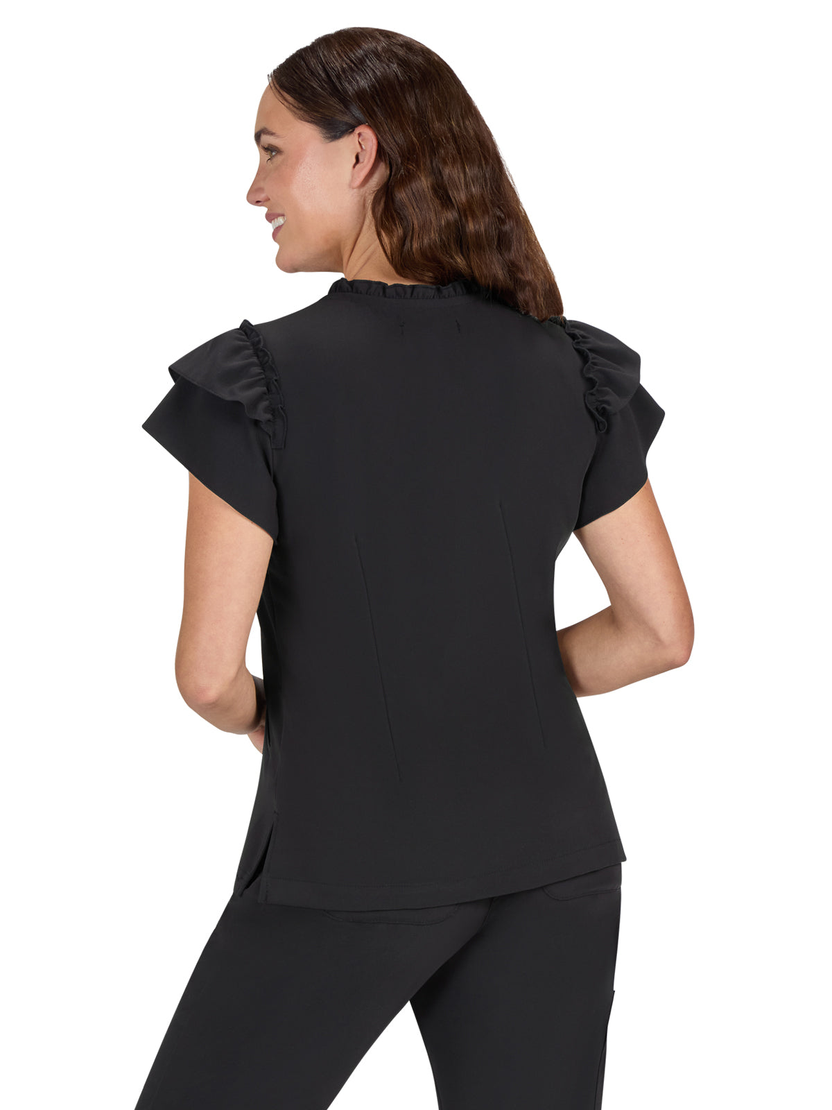 Women's 2-Pocket Ruffle Sleeve and Ruffle Collar Clary Top - B131 - Black