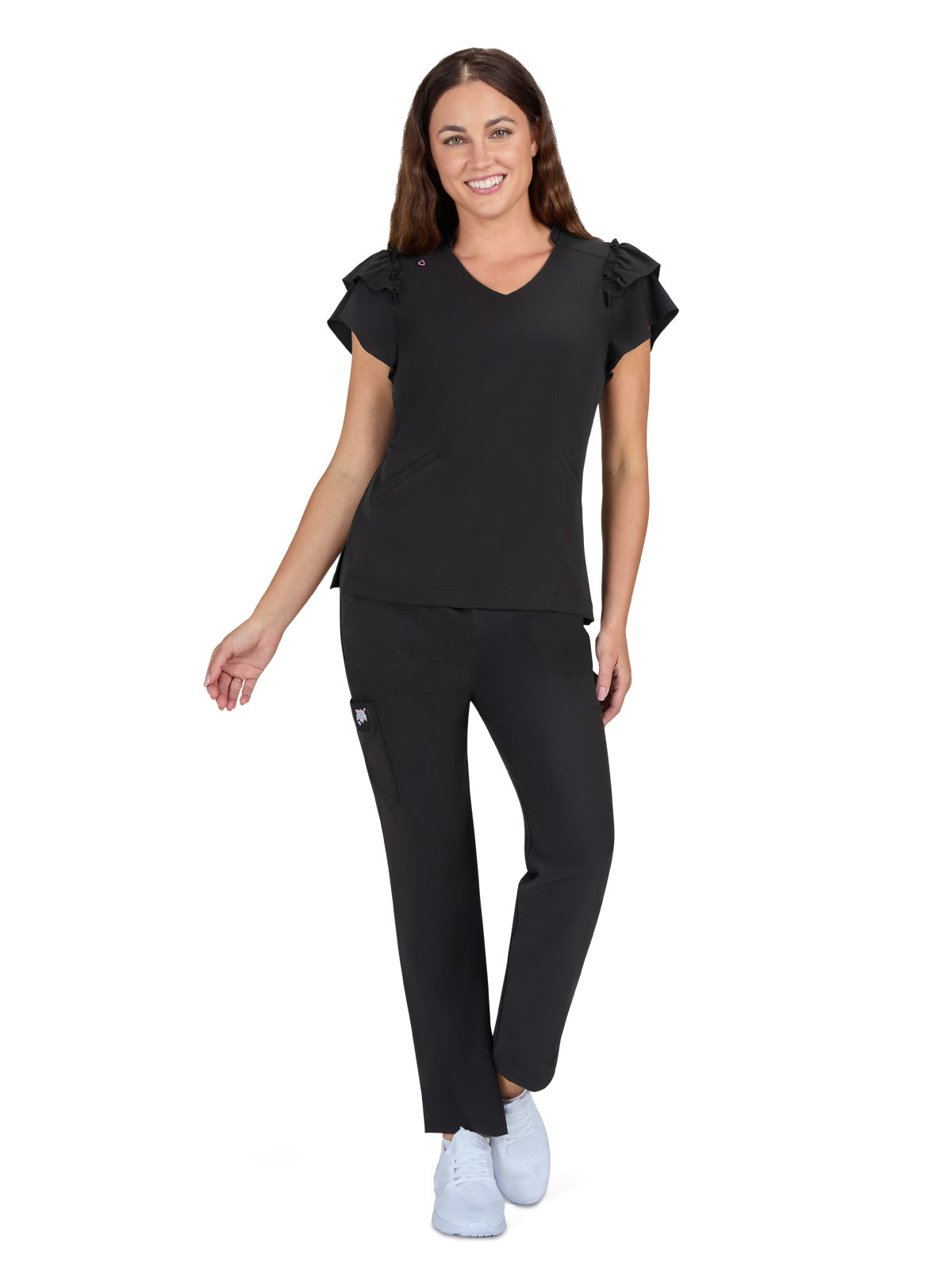 Women's 2-Pocket Ruffle Sleeve and Ruffle Collar Clary Top - B131 - Black