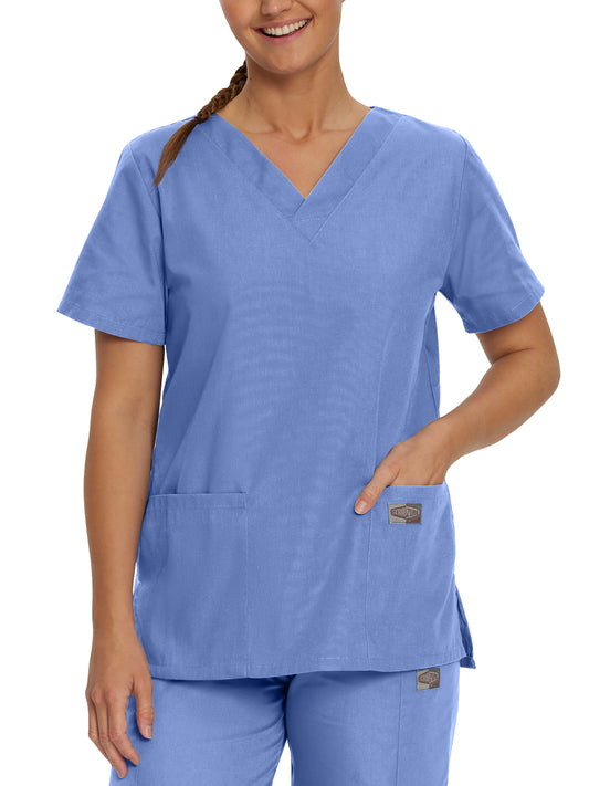 Women's Three-Pocket Clean Back V-Neck Top - 70221 - Ceil Blue